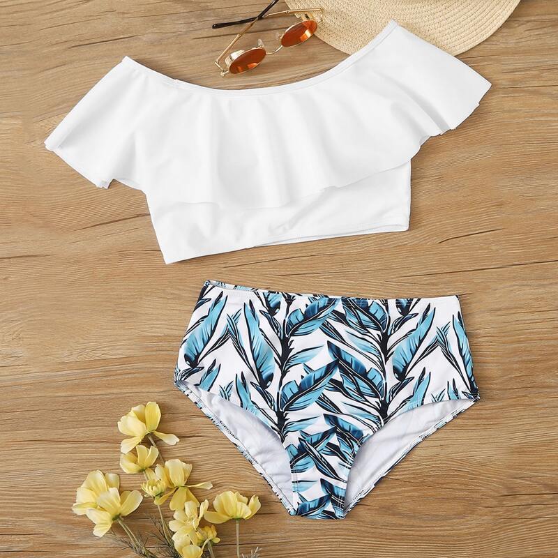 

Plant Print Flounce Bardot High Waisted Bikini Swimsuit, Multicolor