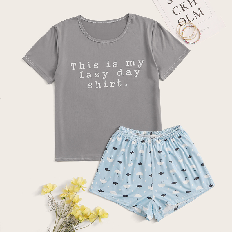 

Umbrella & Slogan Graphic PJ Set, Multicolor