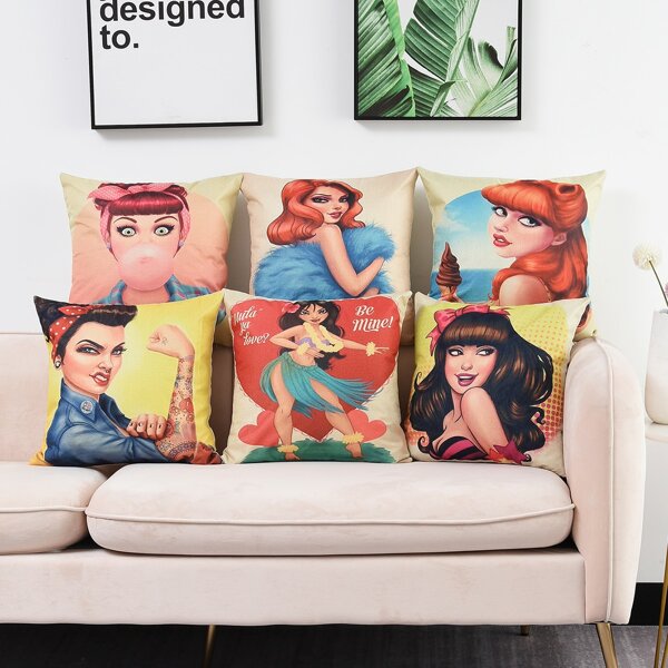 

1pc Girl Print Cushion Cover Without Filler, Multicolor
