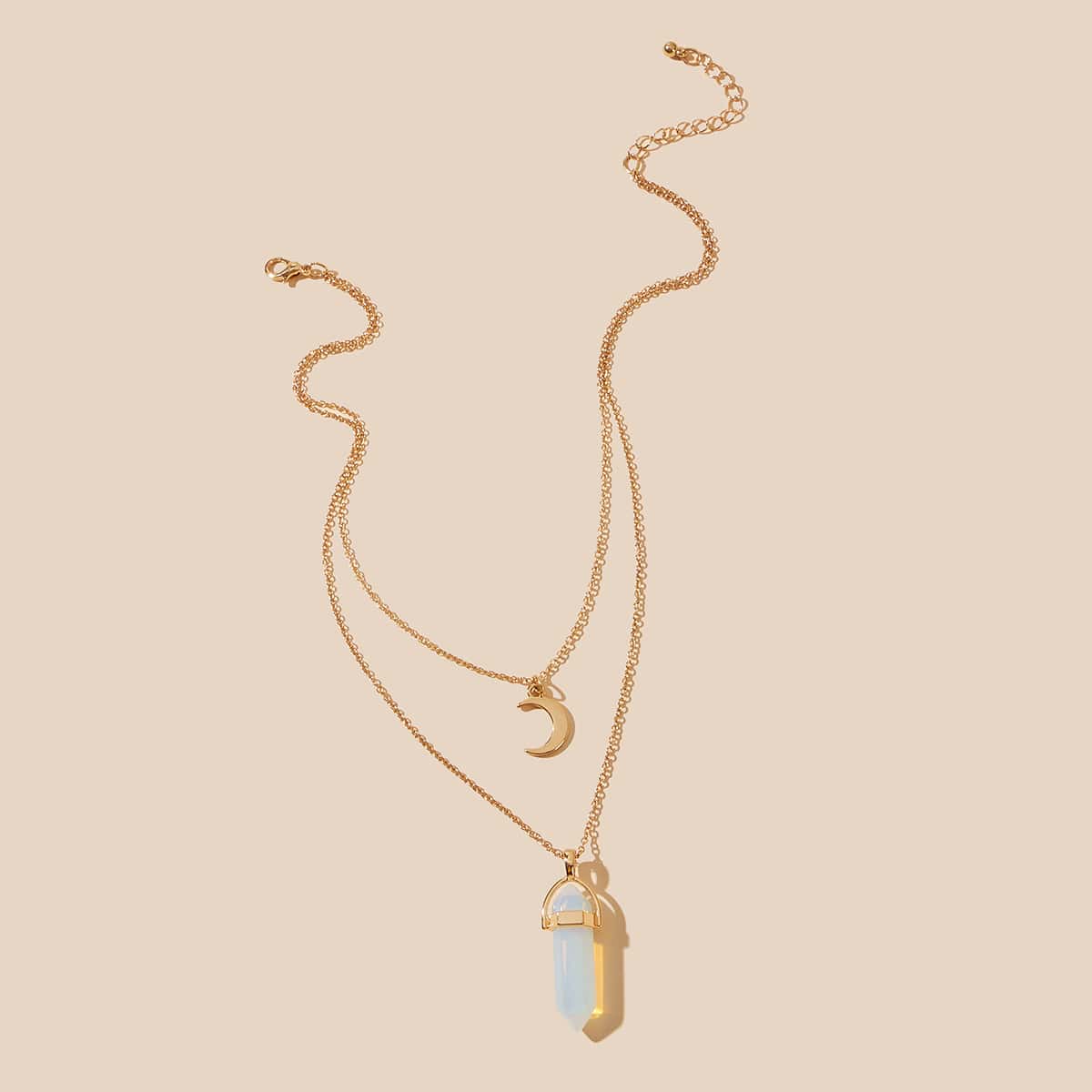 

1pc Moon & Crystal Layered Necklace, Gold