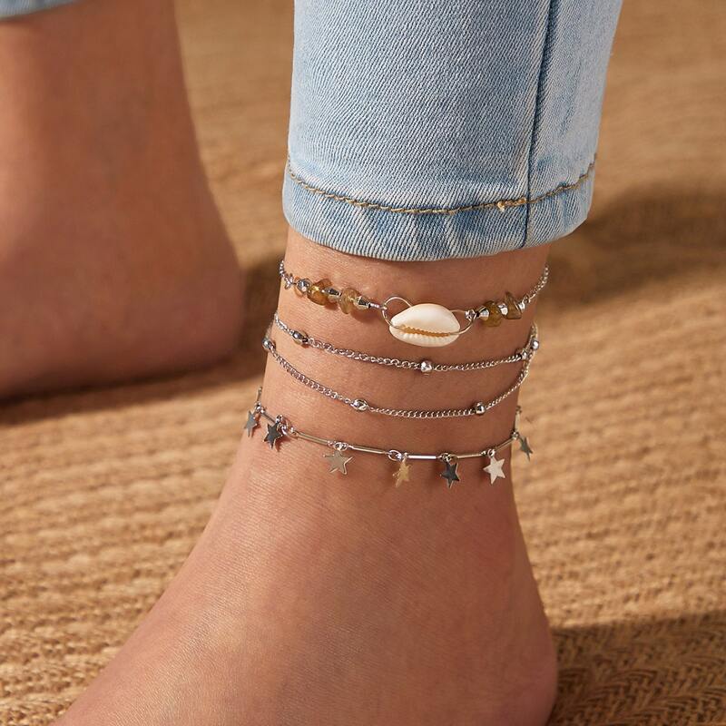

3pcs Shell & Star Decor Anklet Set, Silver