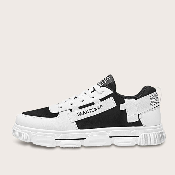 

Men Lace-up Front Letter Graphic Sneakers, Black and white