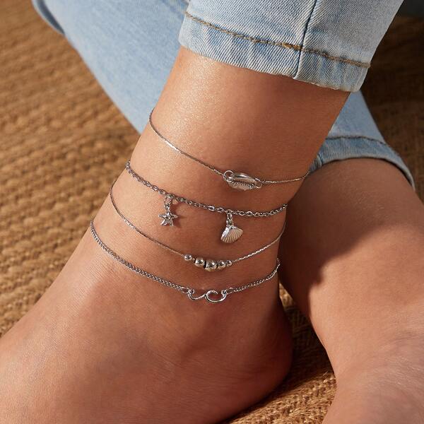 

3pcs Shell & Starfish Decor Anklet Set, Silver