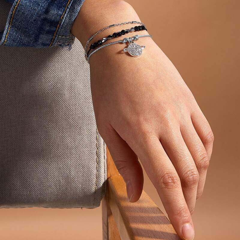 

3pcs Rhinestone Engraved Planet Charm Bracelet, Silver