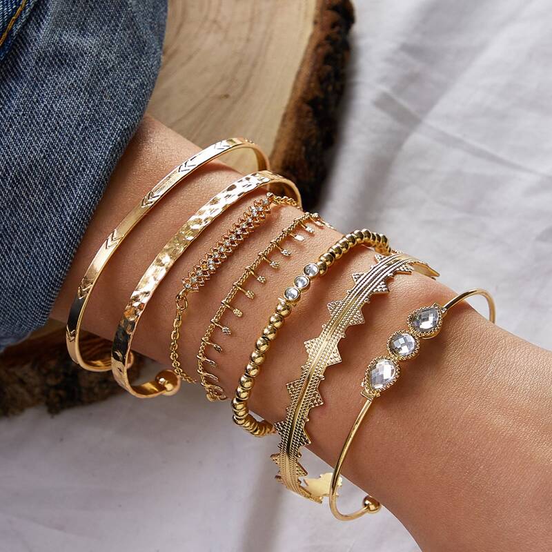 

7pcs Tassel & Bead Decor Bracelet, Gold