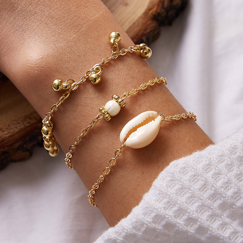 

3pcs Shell & Ball Decor Chain Bracelet, Gold