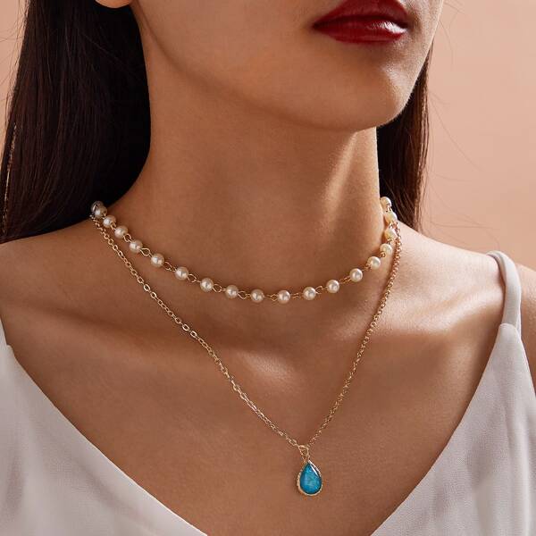 

1pc Faux Pearl & Water Drop Charm Layered Necklace, Multicolor