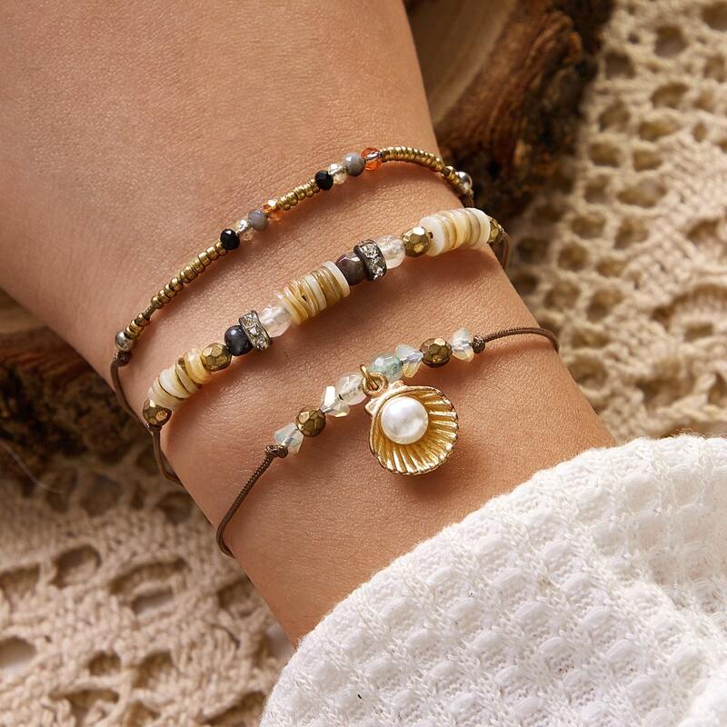 

3pcs Faux Pearl & Shell Decor Beaded String Bracelet, Multicolor