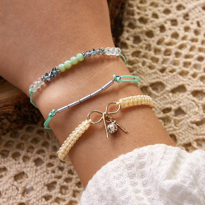 

3pcs Rhinestone Engraved Bow & Bead Decor String Bracelet, Multicolor