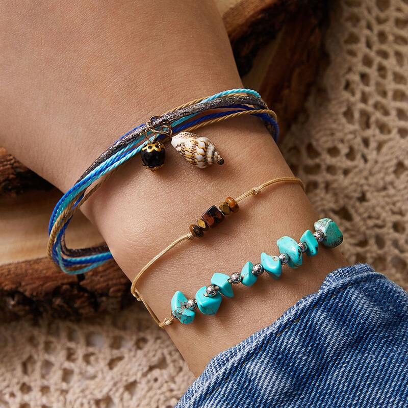

3pcs Turquoise & Bead Decor String Bracelet, Multicolor