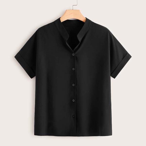 

Plus Notch Neck Button Front Blouse, Black