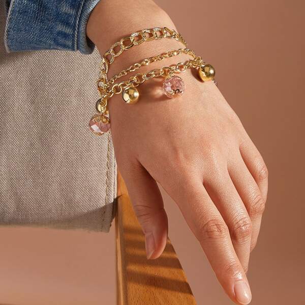 

1pc Round Ball Charm Layered Chain Bracelet, Gold