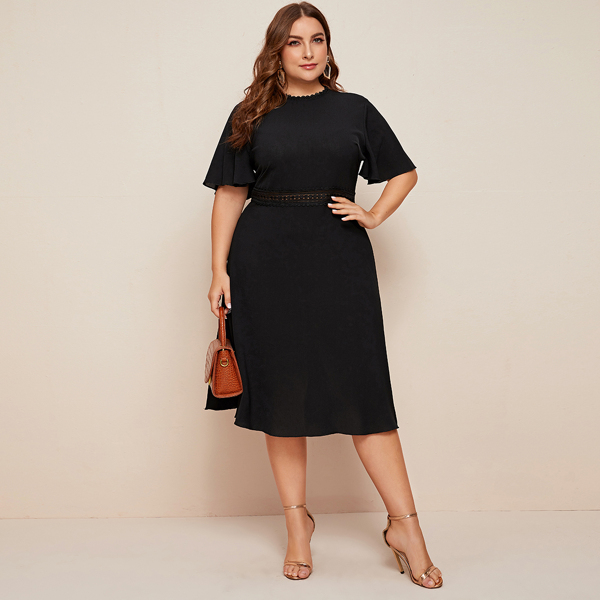 

Plus Flutter Sleeve Lace Trim Solid Dress, Black
