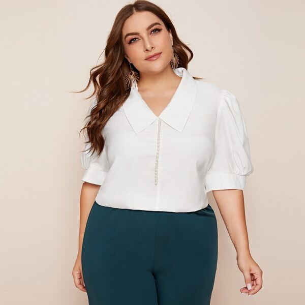 

Plus Puff Sleeve Pearl Beaded Top, White