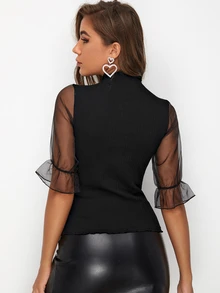 SHEIN Lettuce Edge Mesh Flounce Sleeve Rib-knit Top - Black - View 2