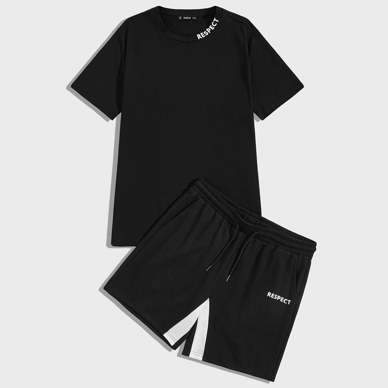 

Guys Letter Graphic Tee and Slant Pocket Track Shorts Set, Black