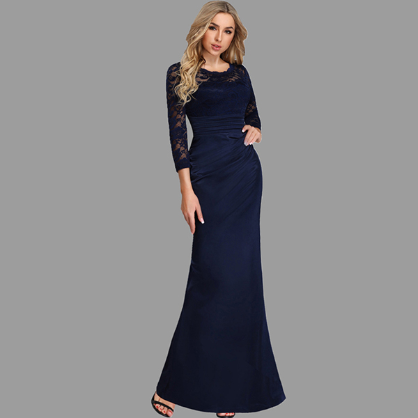 

V Back Lace Bodice Satin Prom Dress, Navy blue