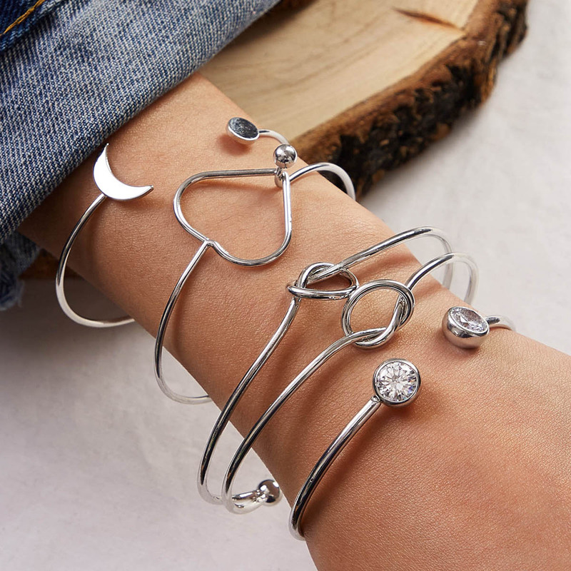

4pcs Knot & Moon Decor Bracelet, Silver