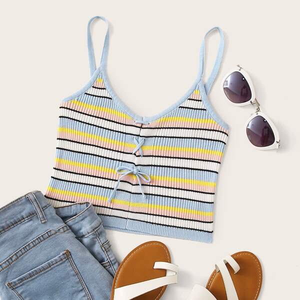

Lace-up Stripe Cami Knit Top, Multicolor