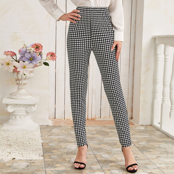 

Houndstooth Print Elastic Waist Leggings, Black and white