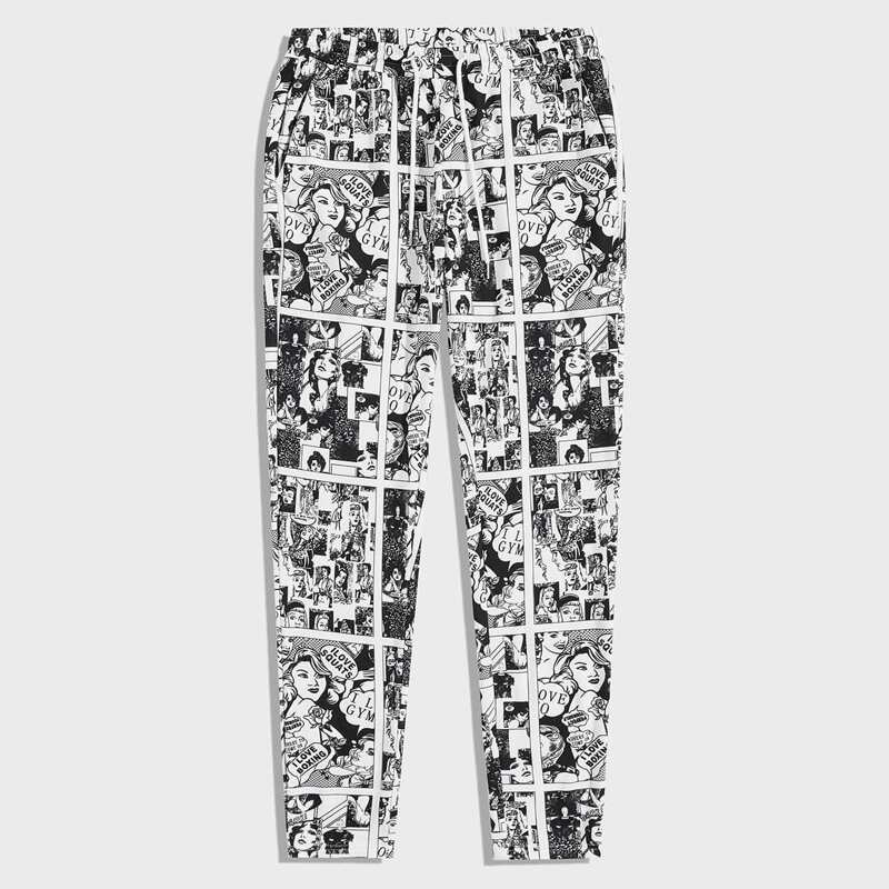 

Guys Drawstring Waist Pop Art Print Pants, Black and white