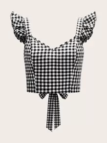 Soleia Top de cuadros de espalda abierta con cordón con tira fruncido - Blanco y Negro - Ver 1