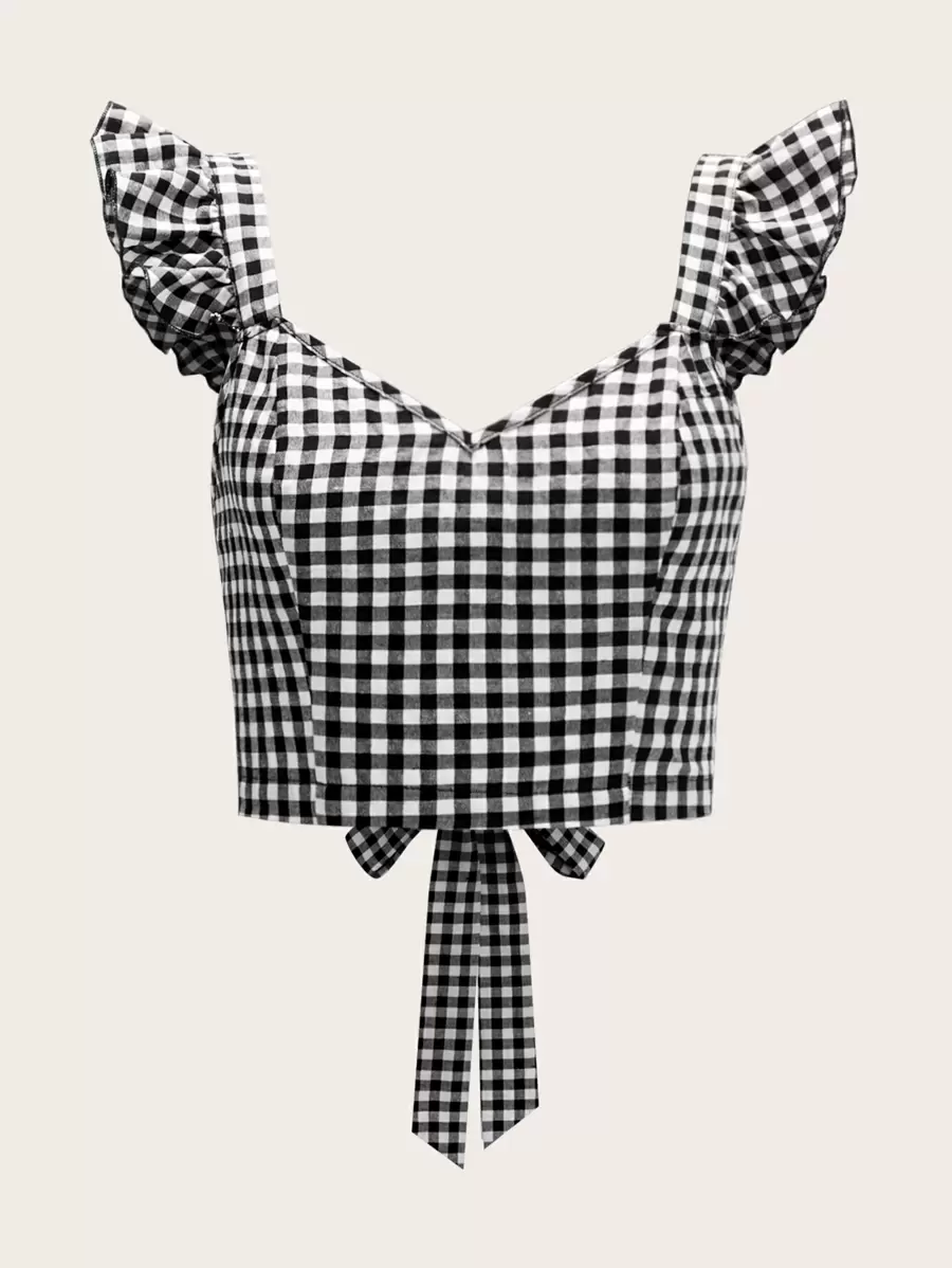 Soleia Top de cuadros de espalda abierta con cordón con tira fruncido - Blanco y Negro - Ver 1