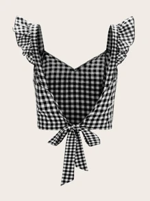 Soleia Top de cuadros de espalda abierta con cordón con tira fruncido - Blanco y Negro - Ver 2