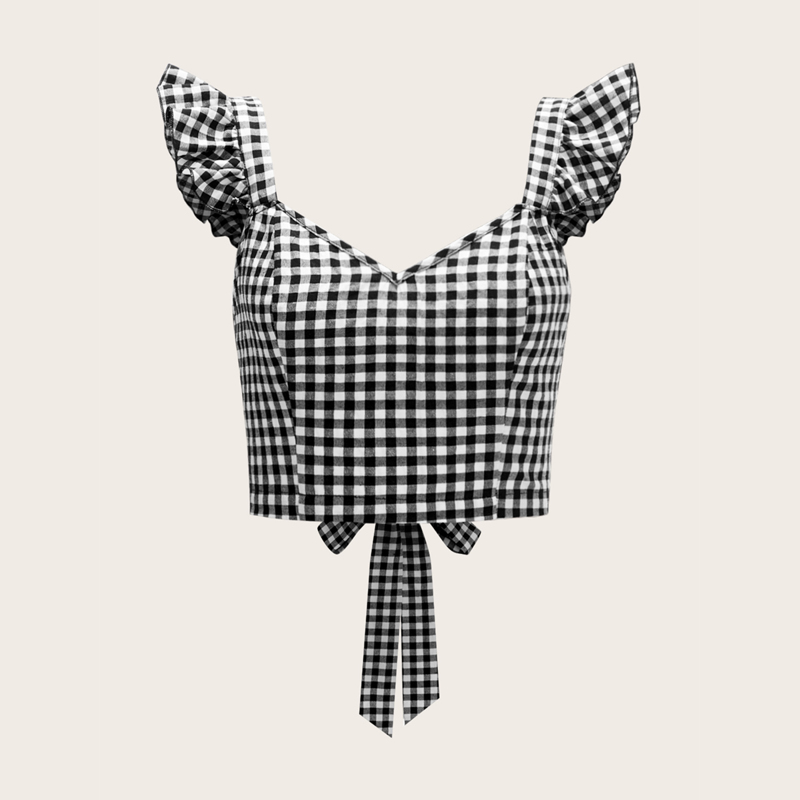 

Ruffle Strap Tied Open Back Buffalo Plaid Top, Black and white