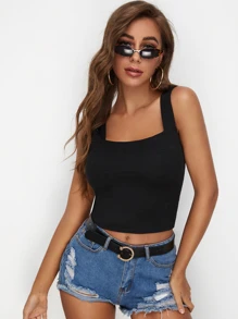 SHEIN Essnce Đầu xe tăng đan bằng sườn rắn - màu đen - Xem 1