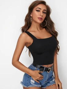 SHEIN Essnce Đầu xe tăng đan bằng sườn rắn - màu đen - Xem 3