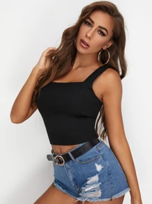 SHEIN Essnce Đầu xe tăng đan bằng sườn rắn - màu đen - Xem 4