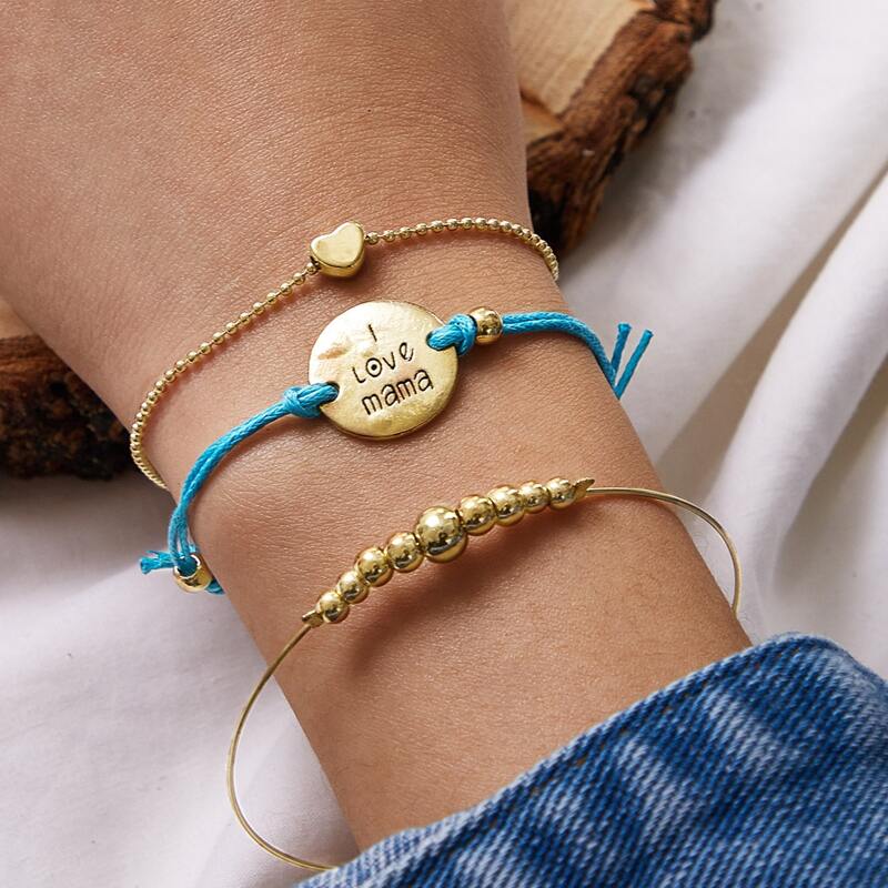 

3pcs Letter Engraved Disc & Heart Decor Bracelet, Multicolor