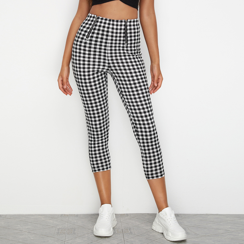 

Zip Front Buffalo Plaid Skinny Pants, Black and white