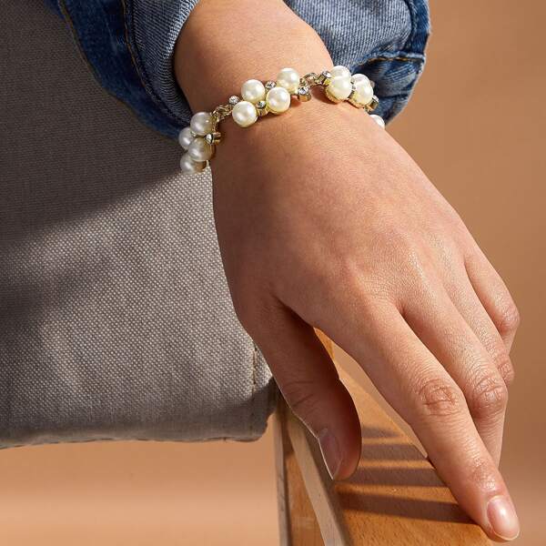 

1pc Faux Pearl & Rhinestone Engraved Bracelet, White