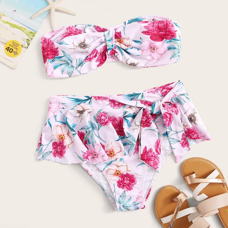 

Floral Tie Side Bandeau Bikini Swimsuit, Multicolor