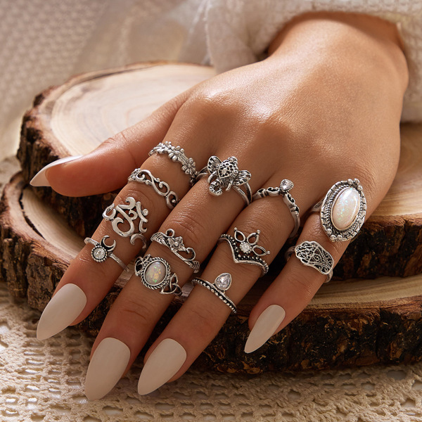 

12pcs Vintage Hand & Elephant Decor Ring, Silver