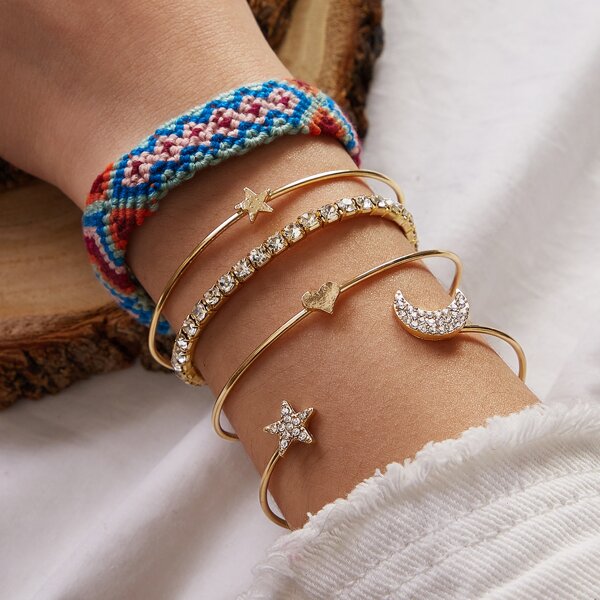 

5pcs Rhinestone Engraved Star & Moon Decor Bracelet, Multicolor