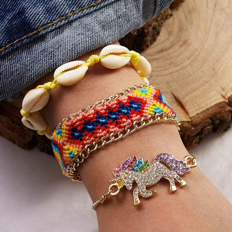 

3pcs Rhinestone Engraved Unicorn & Shell Decor Bracelet, Multicolor