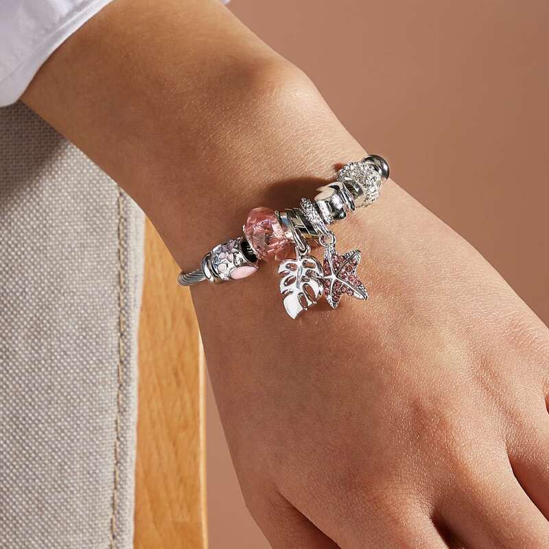 

1pc Rhinestone Decor Starfish & Leaf Charm Bracelet, Silver