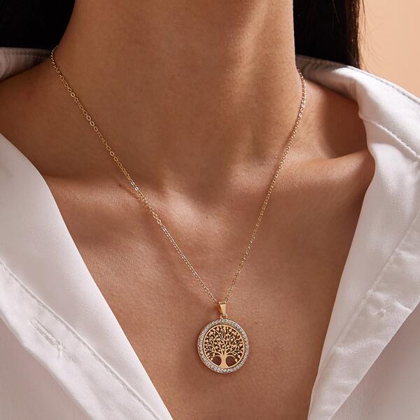 

1pc Rhinestone Engraved & Tree Charm Necklace, Gold