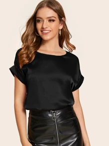 SHEIN Privé Solid Rolled Cuff Satin Top - Black - View 3