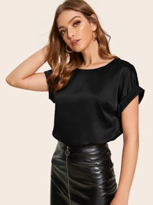 SHEIN Privé Solid Rolled Cuff Satin Top - Black - View 4