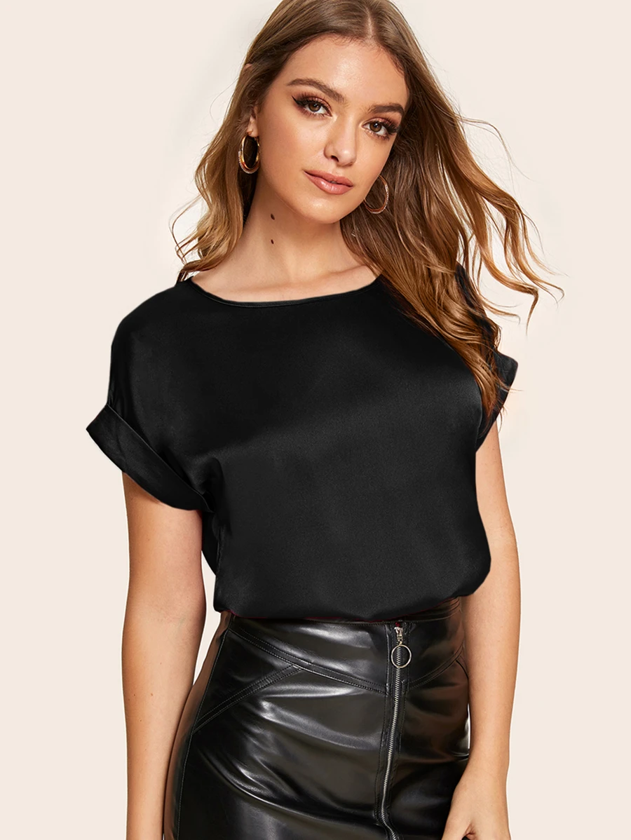 SHEIN Privé Solid Rolled Cuff Satin Top - Black - View 1