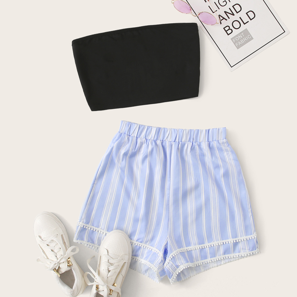 

Solid Tube Top & Stripe Shorts, Multicolor
