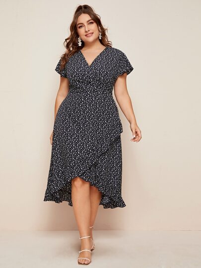 Plus Ditsy Floral Ruffle Asymmetrical Hem A-line Dress