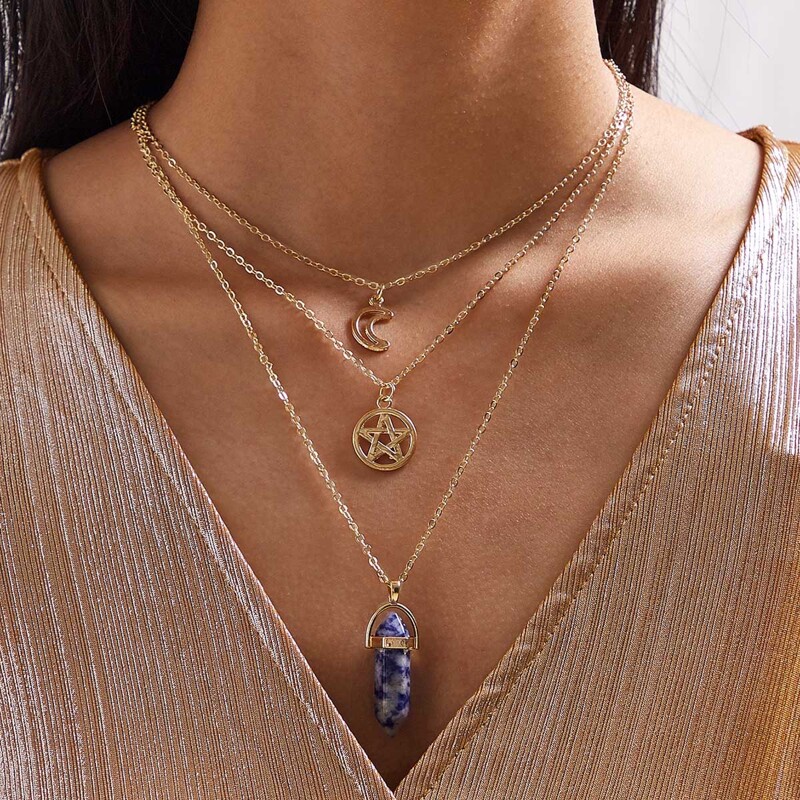 

1pc Moon & Star Charm Layered Necklace, Gold