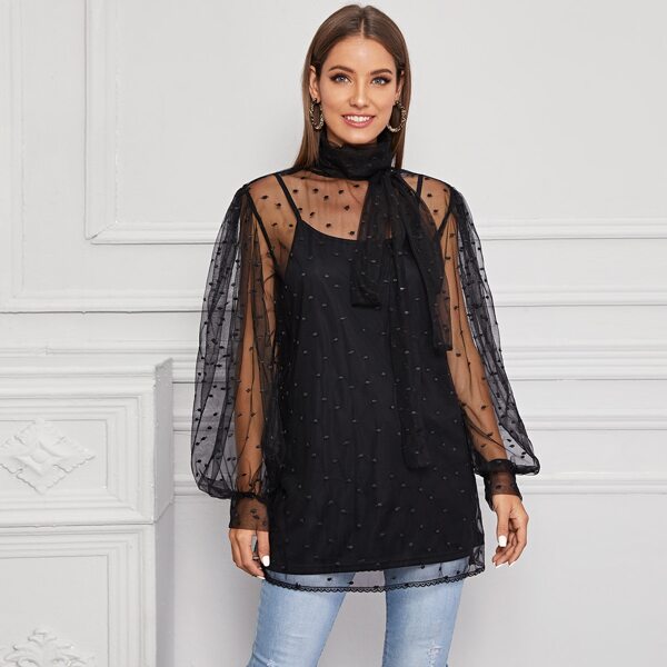 

Tie Neck Bishop Sleeve Dobby Mesh Blouse & Cami, Black