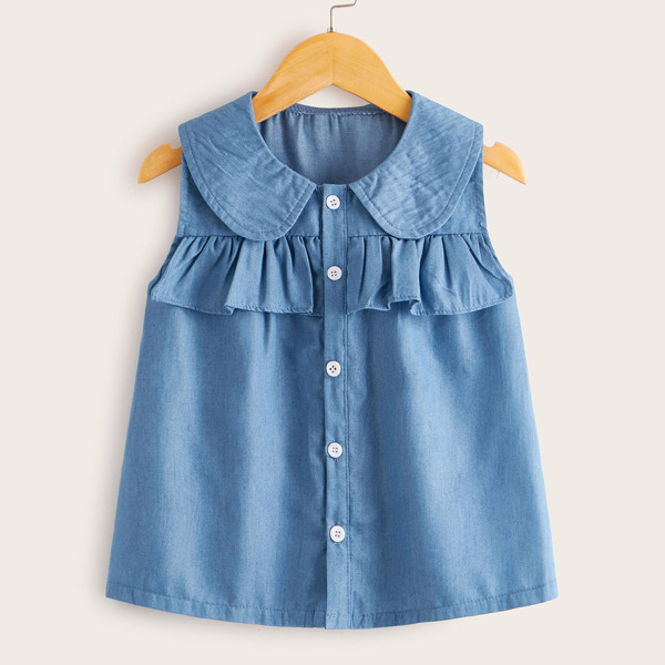 

Toddler Girls Ruffle Trim Denim Blouse, Blue