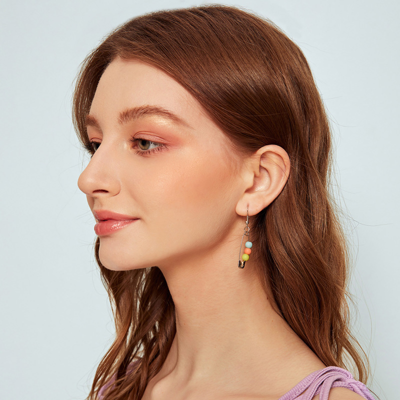 

1pair Paper Clip & Beaded Drop Earrings, Multicolor